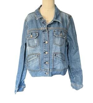 Y2K Vintage 2006 Denim Jacket Women’s XL Blue Trucker Leather Elbow Patches